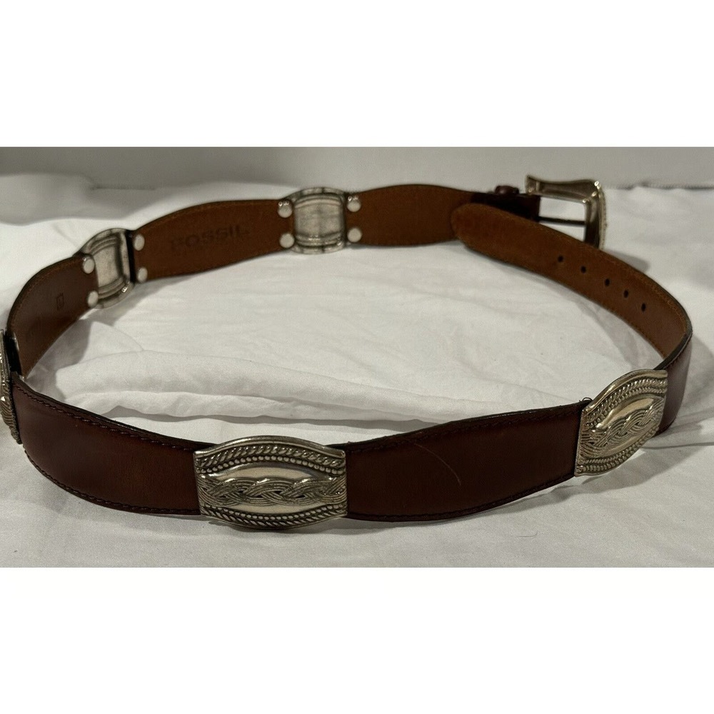 Fossil Vintage Brown Leather Belt with Silver Conchos
